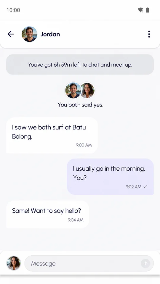 Demo conversation after mutual reveal: You both said yes. I saw we both surf at Batu Bolong.