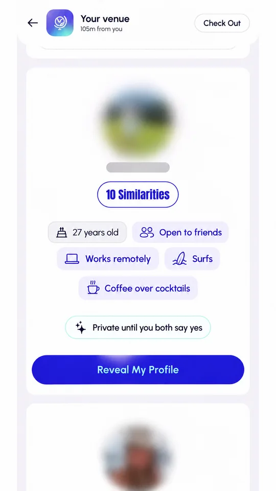 Demo profile: 27, open to friends, works remotely, surfs and prefers coffee over cocktails. Photos stay blurred before mutual reveal.